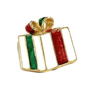 Vintage Christmas holiday brooch festive wrapped gift motif enamel on goldtone